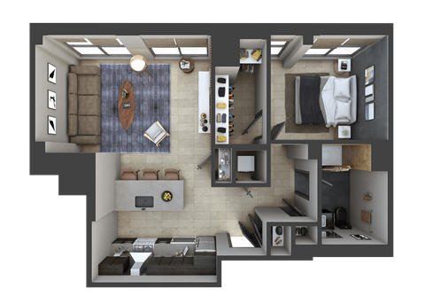 Floor plan for 1 bed, 1 bath, 739 sqft